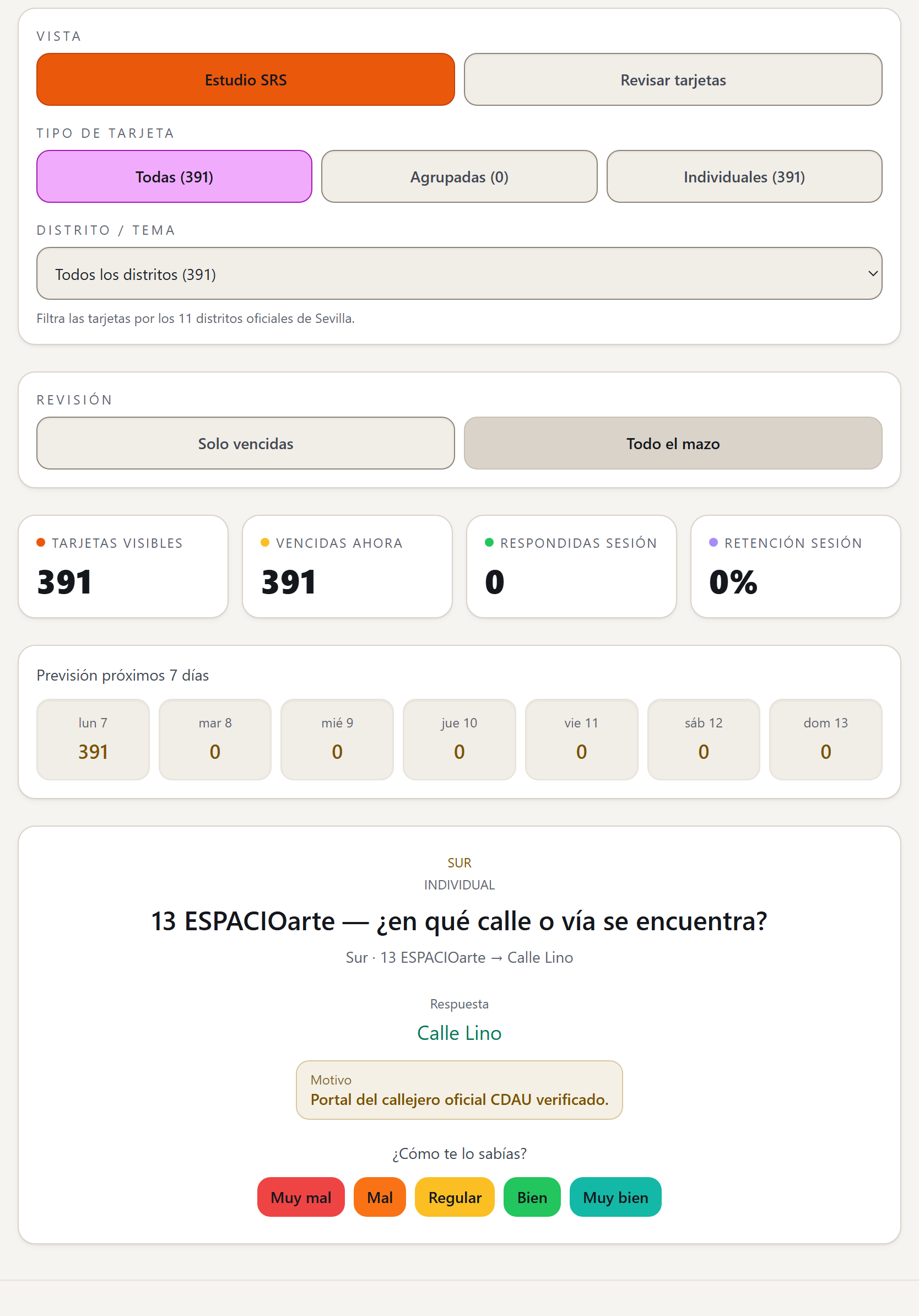 Modo ANKI de Callejea Sevilla en tablet: una tarjeta de un Bien de Interés Cultural volteada con su vía, el contador de 391 tarjetas y la previsión de los próximos 7 días
