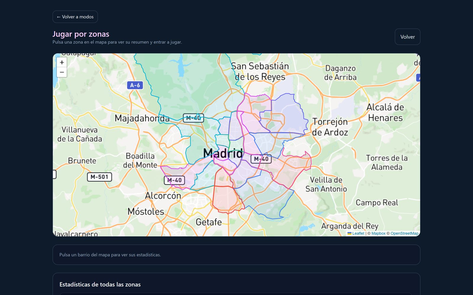Mapa dividido por zonas en Callejea con el porcentaje dominado de cada una