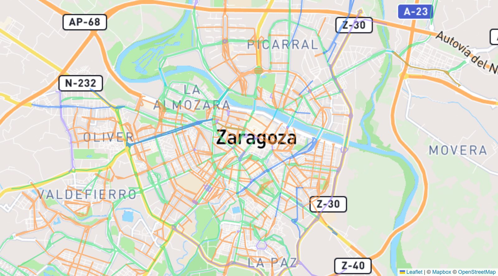 El callejero de Zaragoza sobre el mapa, con el escudo de la ciudad