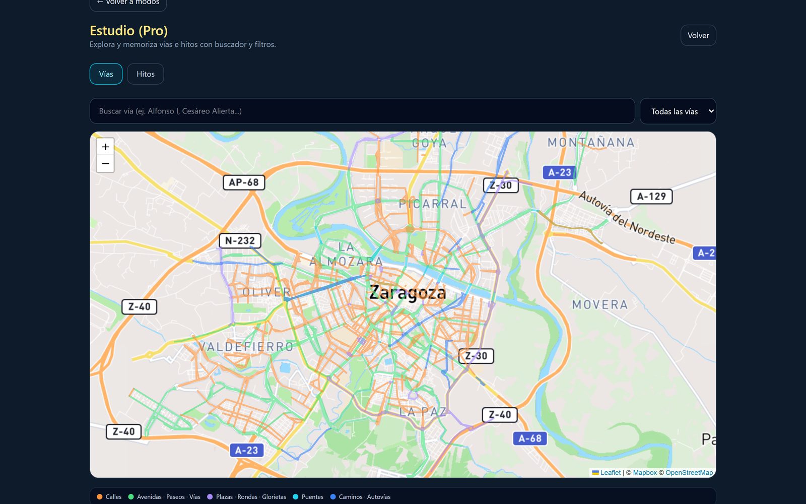 Modo Por tipo de vía de Callejea: el mapa filtrado por capas de tipo de calle