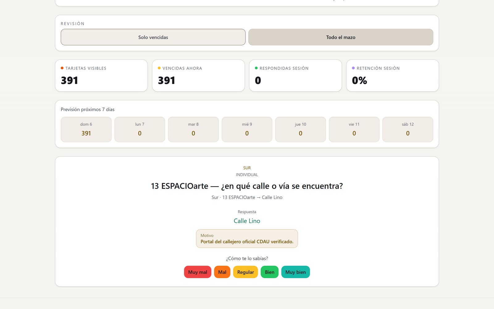 Tarjeta de memorización tipo ANKI de Callejea con los botones de repaso espaciado