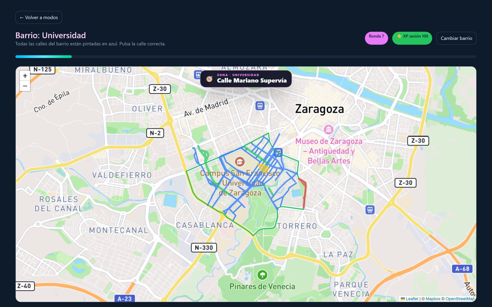Mapa dividido por zonas en Callejea con el porcentaje dominado de cada una