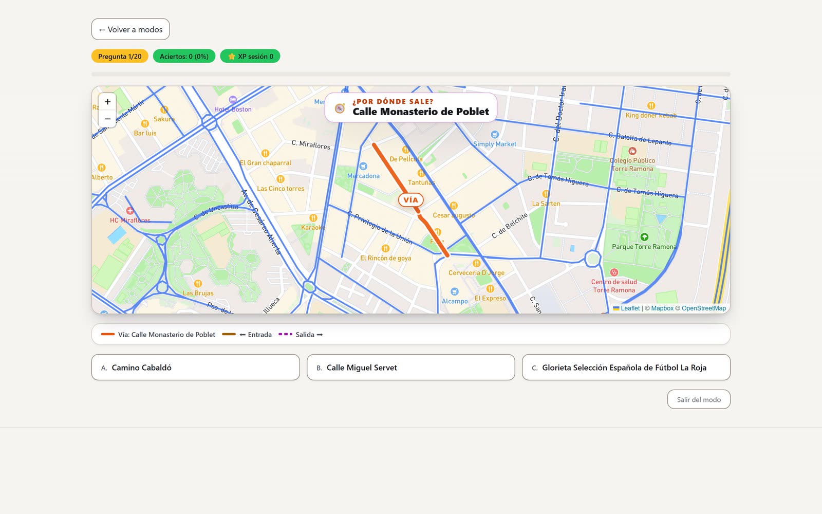 Modo Entradas y Salidas de Callejea: la entrada y la salida de una vía marcadas sobre el mapa