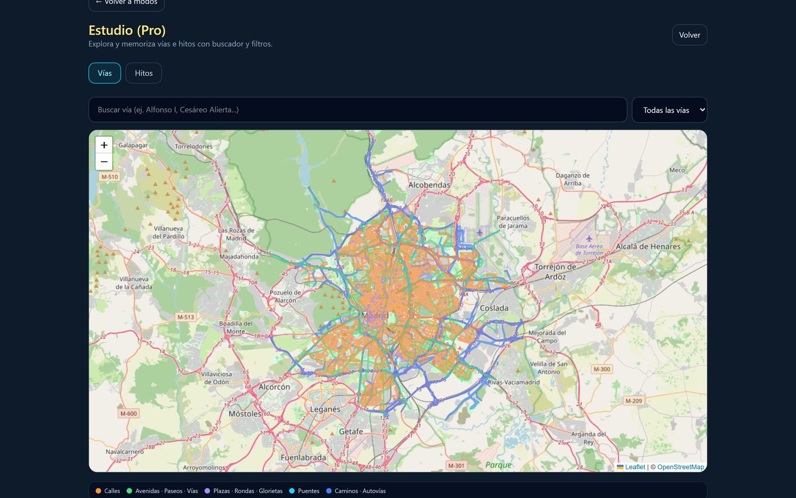 Modo Por tipo de vía de Callejea: el mapa filtrado por capas de tipo de calle