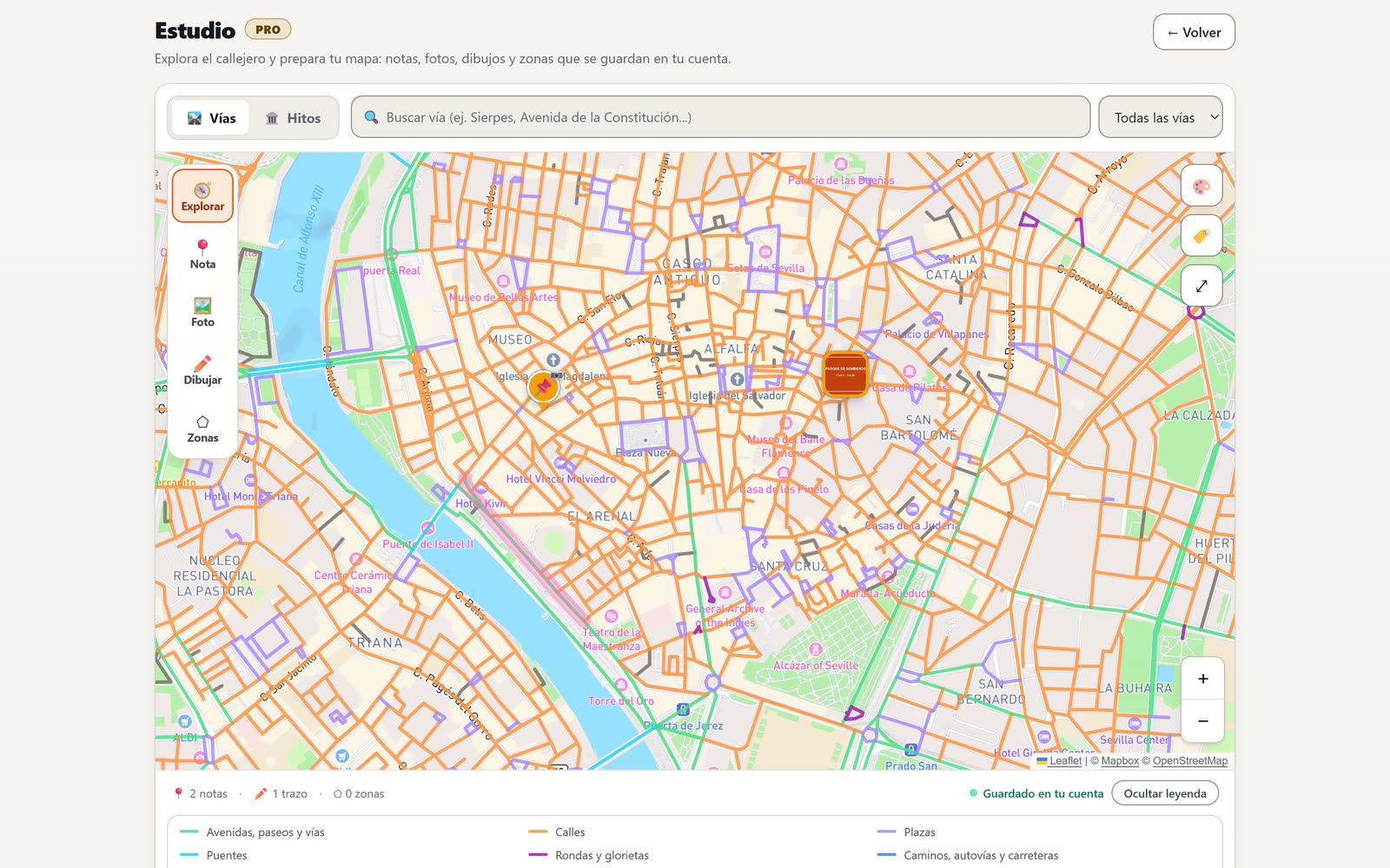 Modo Estudio de Callejea: el mapa con colores por tipo de vía, buscador de vías e hitos y notas ancladas