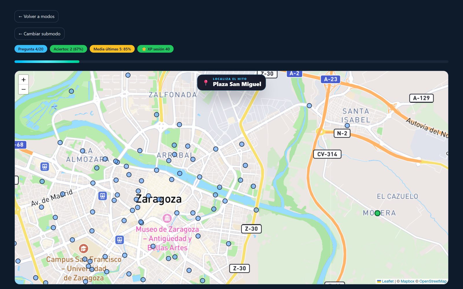 Modo Hitos de Callejea: los puntos de interés de las bases situados sobre el mapa