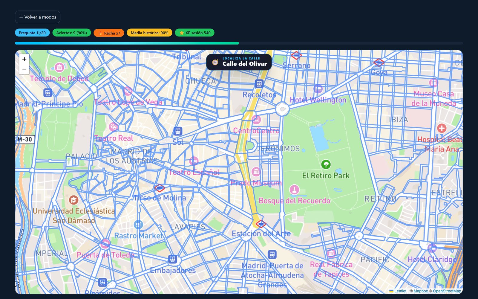 Modo Localiza de Callejea: el mapa completo con una calle preguntada para señalar, sin pistas