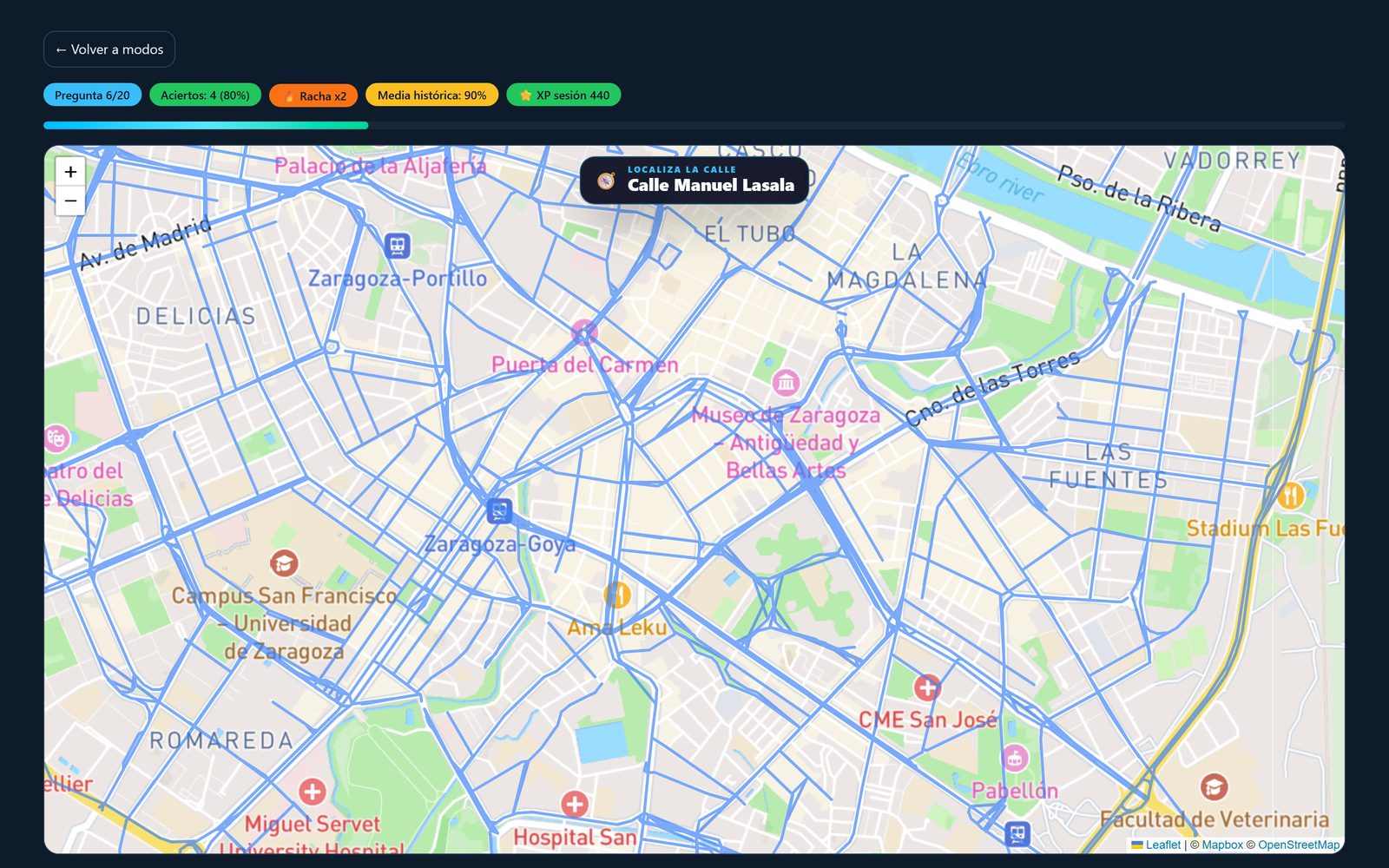 Modo Localiza de Callejea: el mapa completo con una calle preguntada para señalar, sin pistas