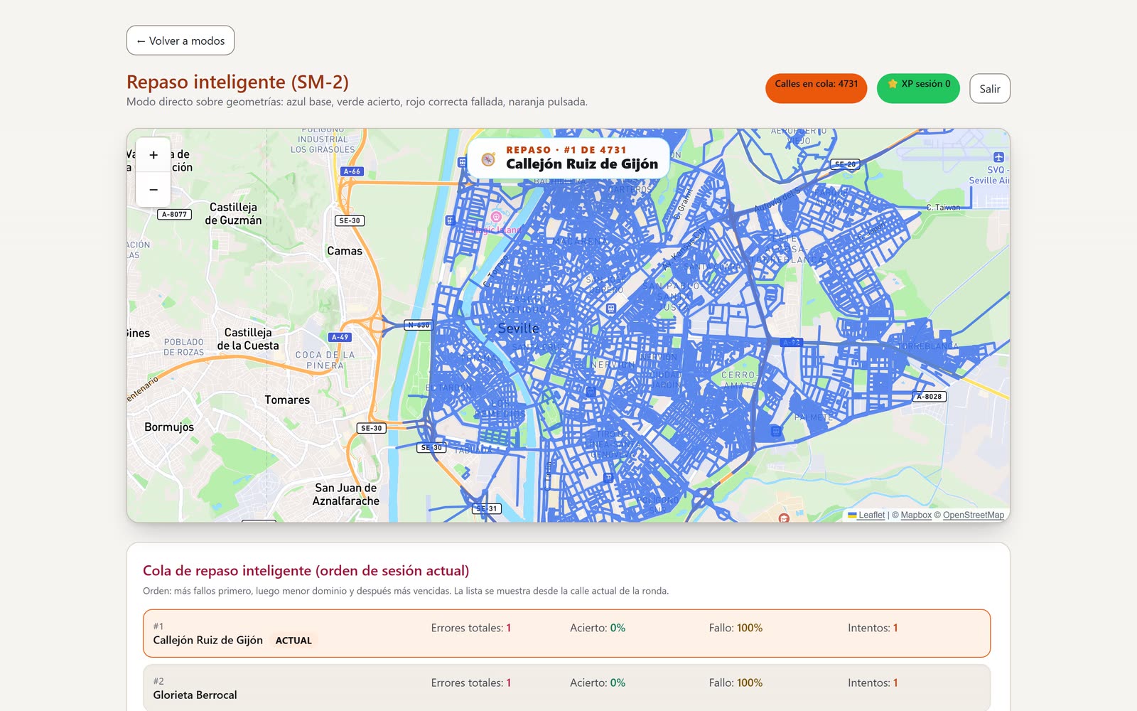 Repaso inteligente de Callejea: la cola de calles falladas pendientes de repaso