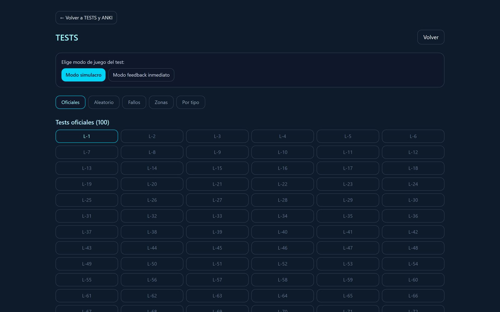 Hub de tests de Callejea con los 100 simulacros oficiales y la rejilla de niveles