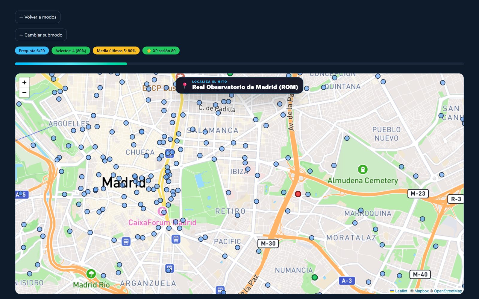 Modo Hitos de Callejea: los puntos de interés de las bases situados sobre el mapa
